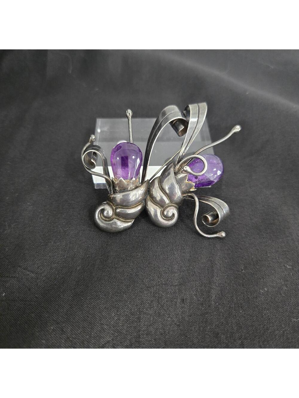 Vintage Felipe Martinez Sterling Silver Amethyst Cornucopia Brooch Taxco